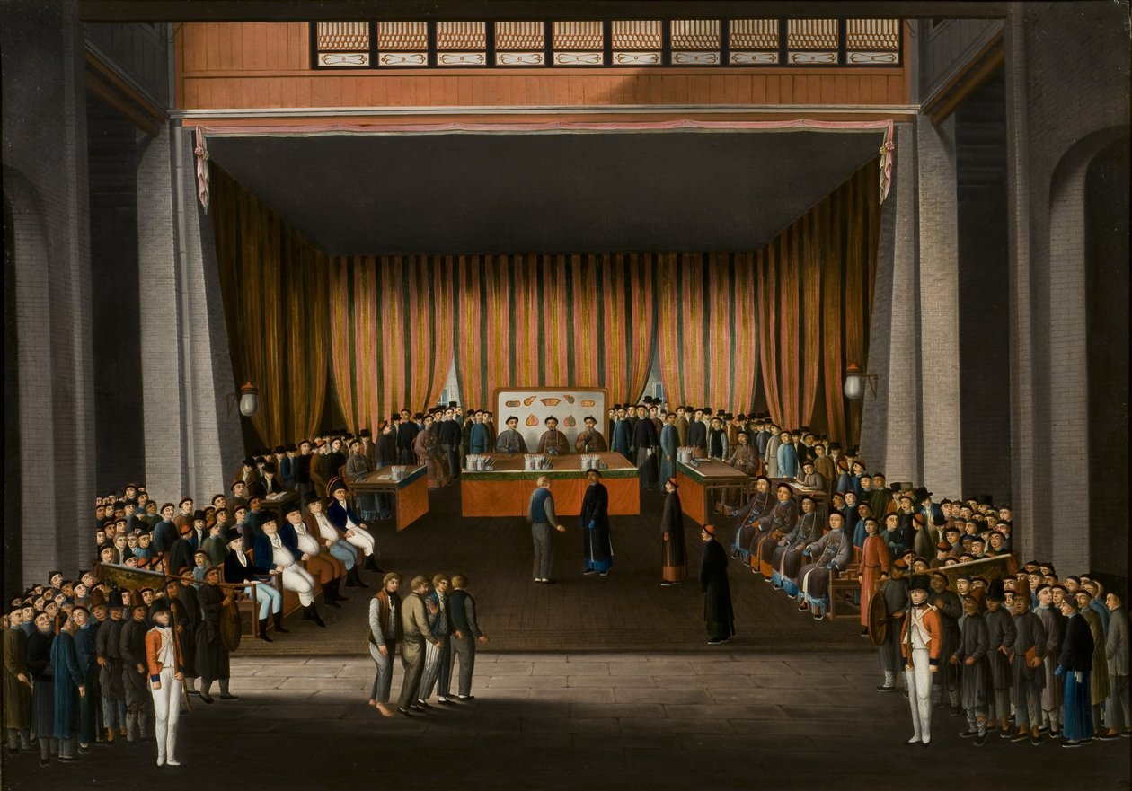 Čínský soudní dvůr v hale britské továrny v Cantonu, 9. dubna 1807, c.1810 (olej na papíře) od A. Roland Knight