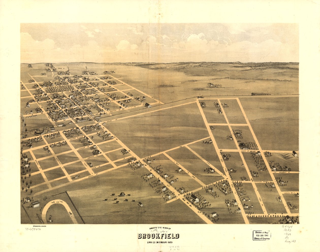 Pohled z ptačí perspektivy na Brookfield, Linn Co., Missouri 1869. LOC 73693470 od A. Ruger
