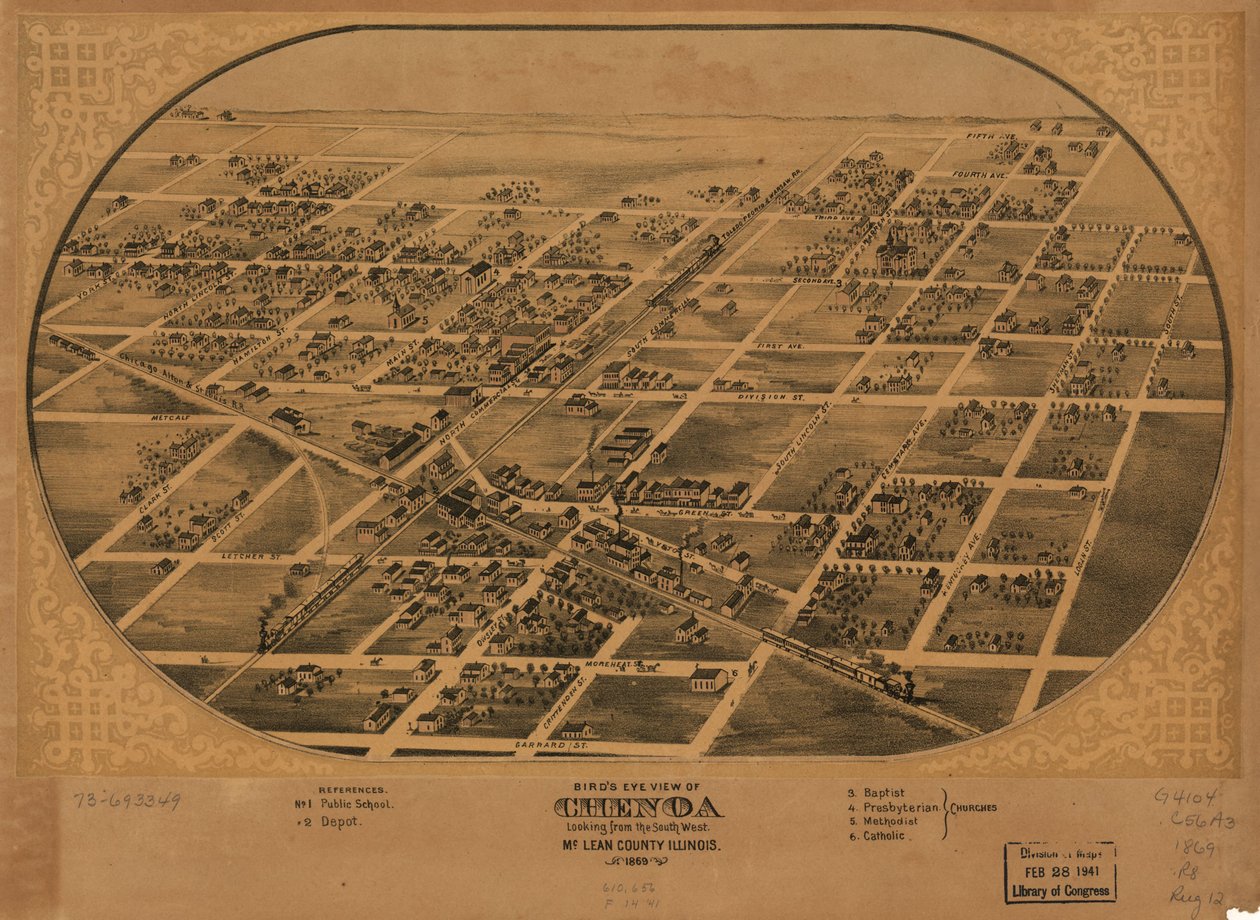 Pohled na Chenoa, McLean County, Illinois z ptačí perspektivy 1869. LOC 73693349 od A. Ruger