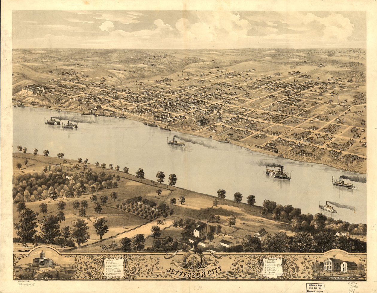 Pohled z ptačí perspektivy na Jefferson City, hlavní město státu Missouri 1869. LOC 73693479 od A. Ruger