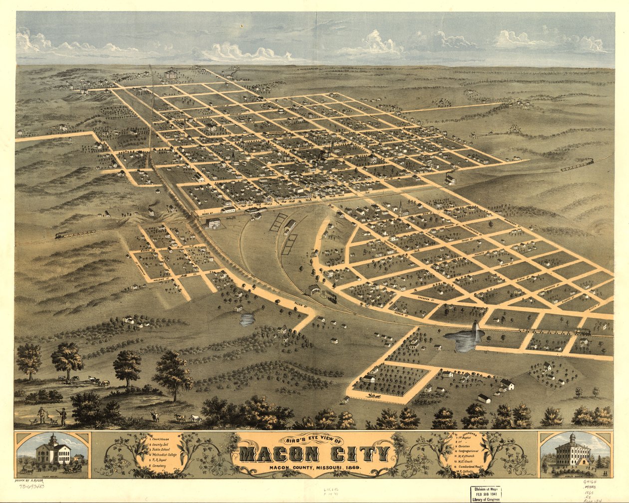 Pohled na město Macon City, Macon County, Missouri z ptačí perspektivy 1869. LOC 73693483 od A. Ruger