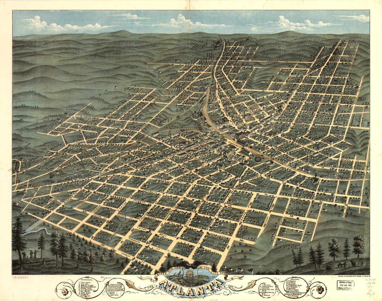 Pohled z ptačí perspektivy na Atlantu, hlavní město státu Georgia 1871. LOC 73693339 od A. Ruger