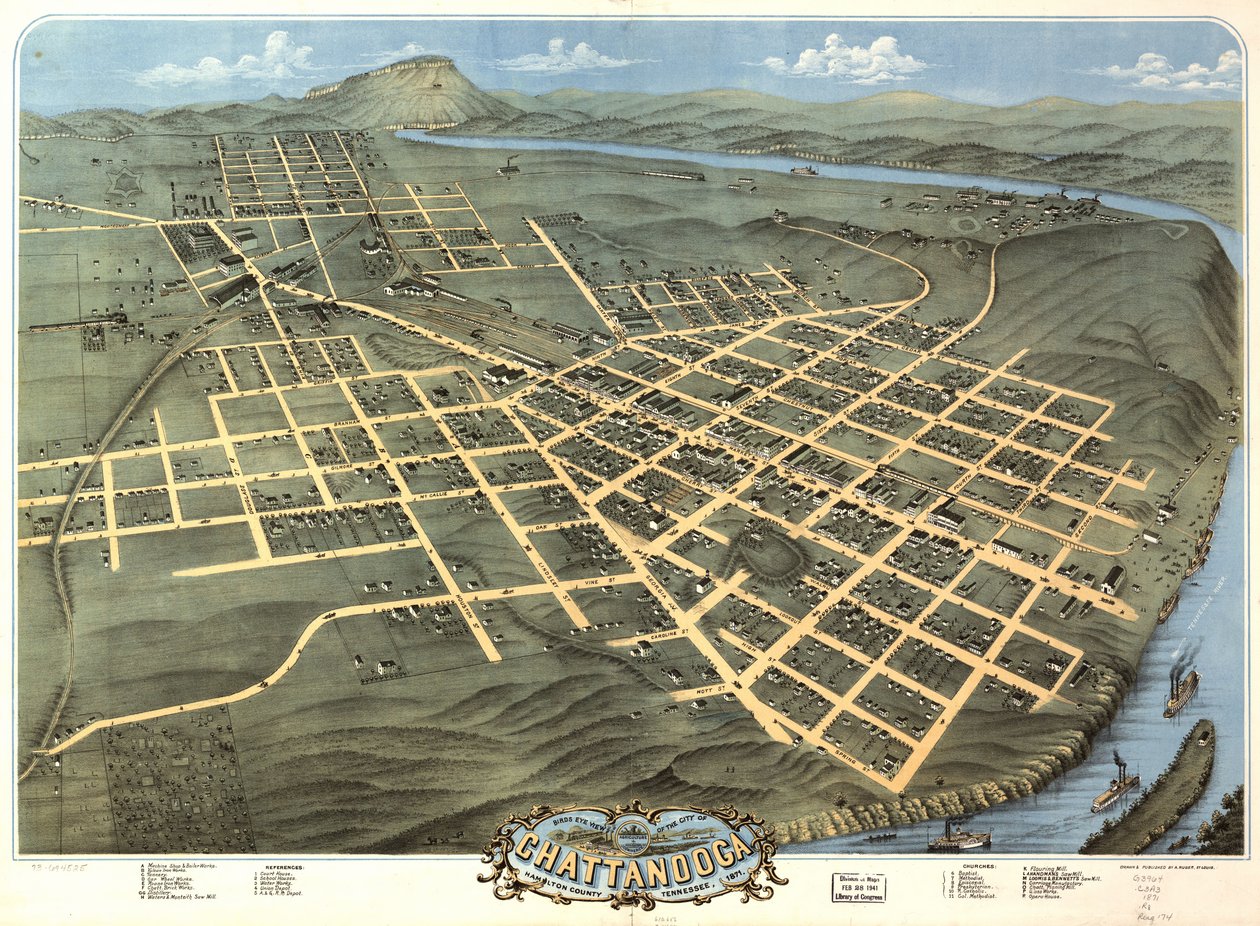 Pohled z ptačí perspektivy na město Chattanooga, Hamilton County, Tennessee, 1871. od A. Ruger