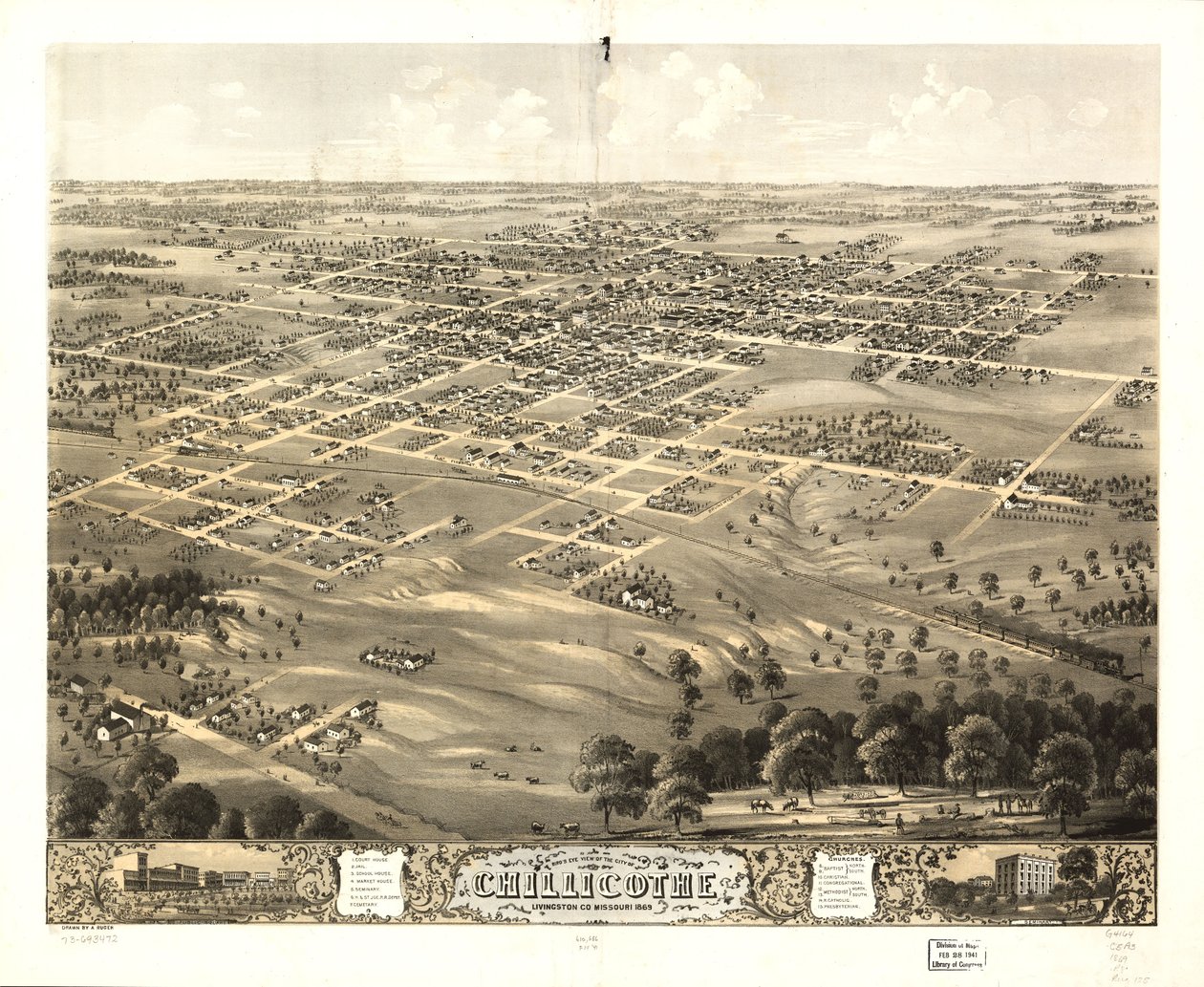 Pohled z ptačí perspektivy na město Chillicothe, Livingston Co., Missouri 1869. LOC 73693472 od A. Ruger
