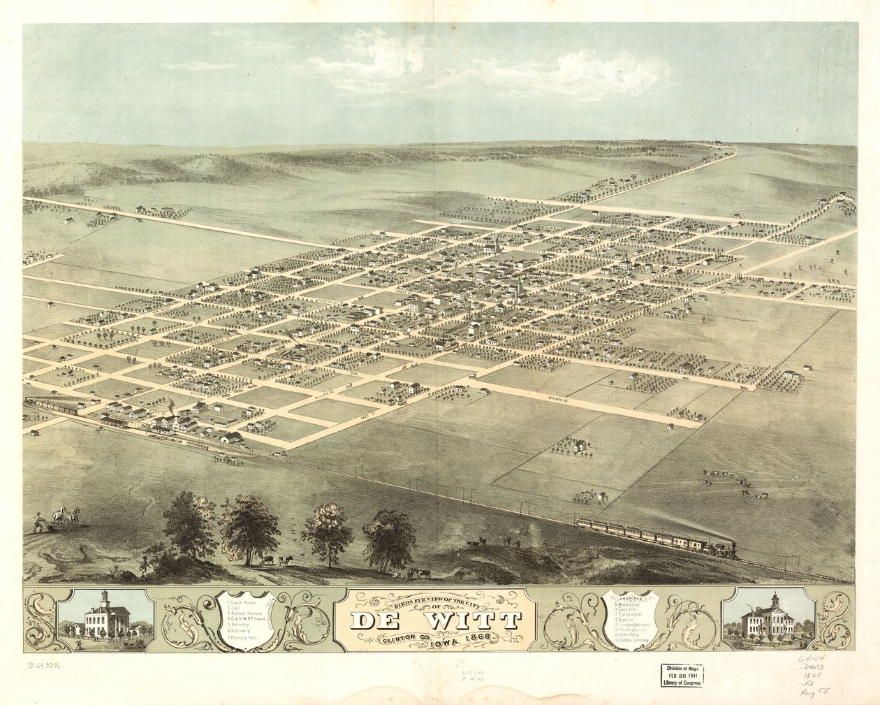 Pohled z ptačí perspektivy na město De Witt, Clinton Co., Iowa 1868. LOC 73693396 od A. Ruger