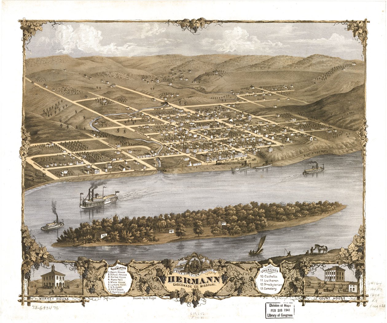 Pohled z ptačí perspektivy na město Hermann, Gasconade Co., Missouri 1869. LOC 73693476 od A. Ruger