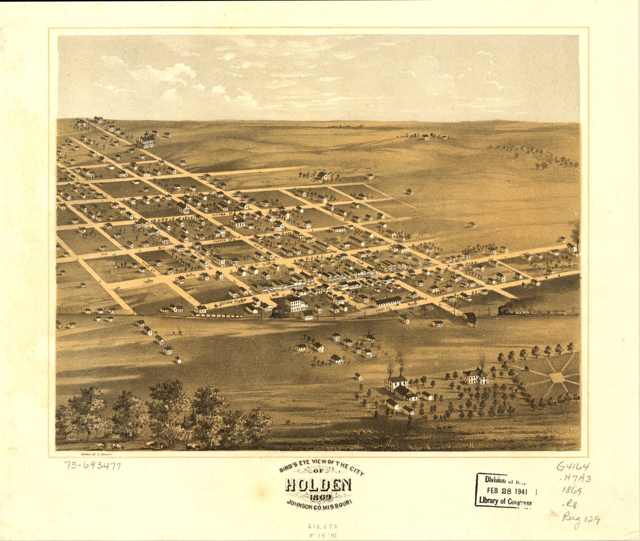 Pohled z ptačí perspektivy na město Holden, Johnson Co., Missouri 1869. LOC 73693477 od A. Ruger