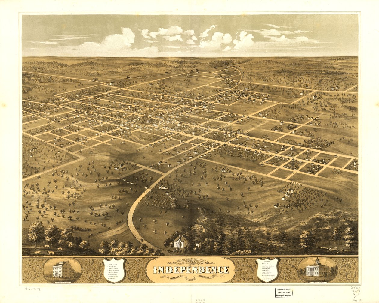 Pohled z ptačí perspektivy na město Independence, Jackson Co., Missouri 1868. LOC 73693478 od A. Ruger