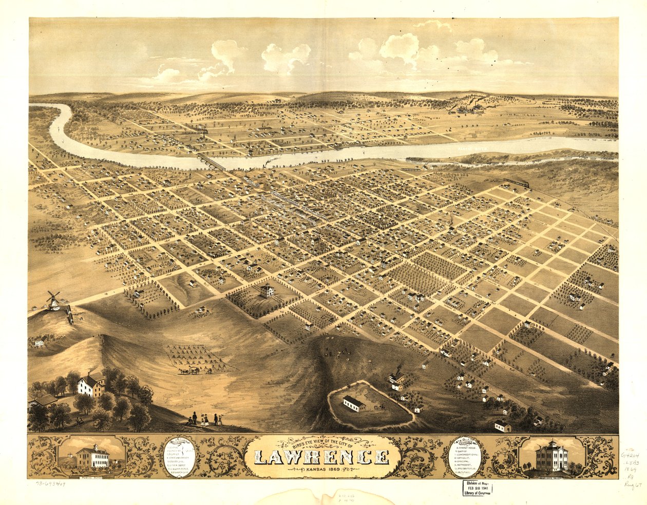 Pohled na město Lawrence v Kansasu z ptačí perspektivy v roce 1869. LOC 73693409 od A. Ruger