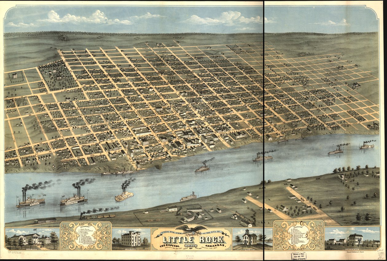 Pohled z ptačí perspektivy na město Little Rock, hlavní město Arkansasu 1871. od A. Ruger