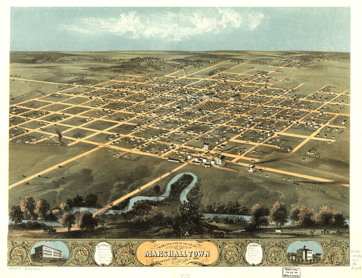 Pohled z ptačí perspektivy na město Marshalltown, Marshall Co., Iowa 1868. LOC 73693402 od A. Ruger