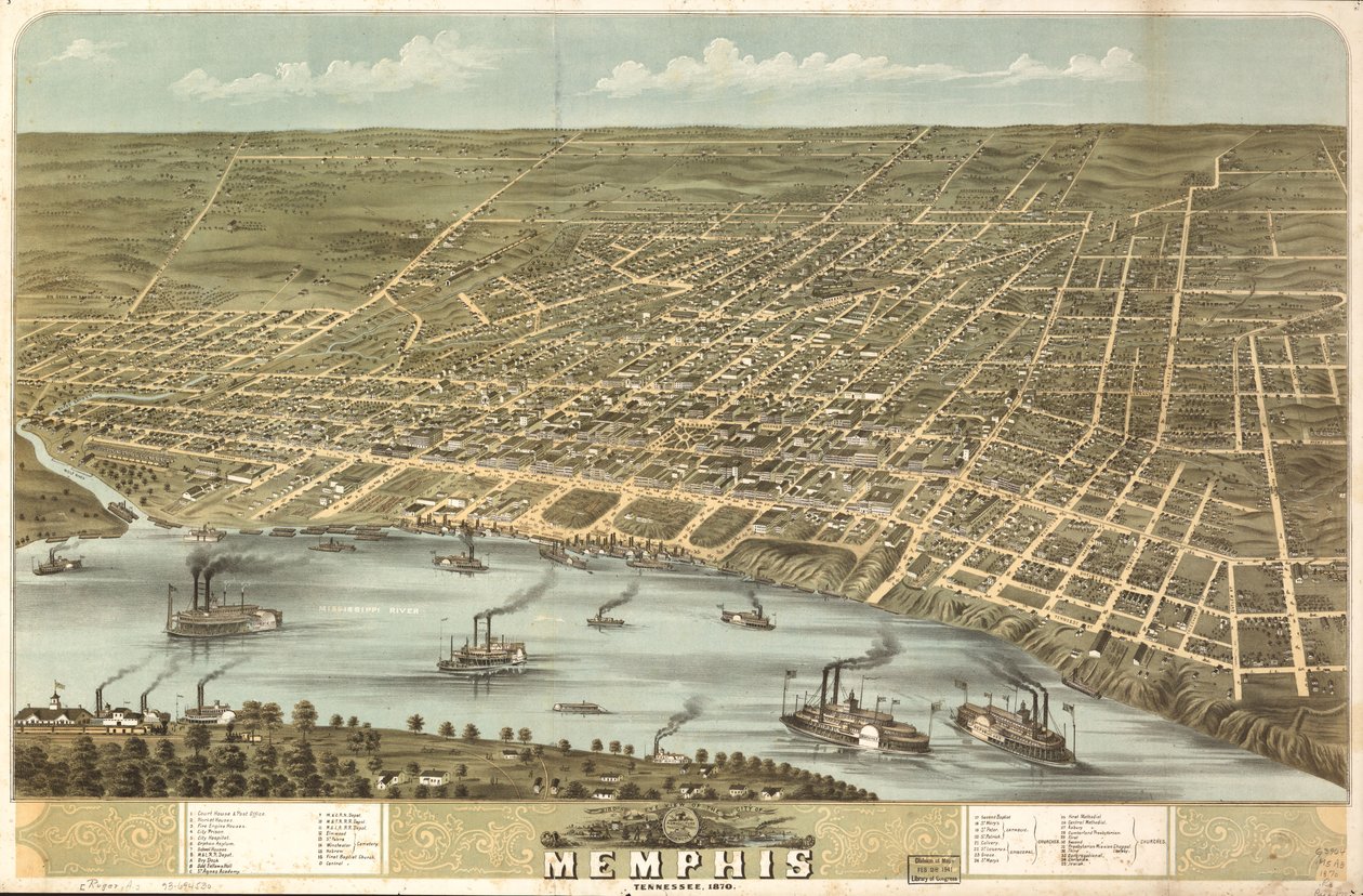 Pohled na město Memphis v Tennessee z ptačí perspektivy v roce 1870. LOC 73694530 od A. Ruger