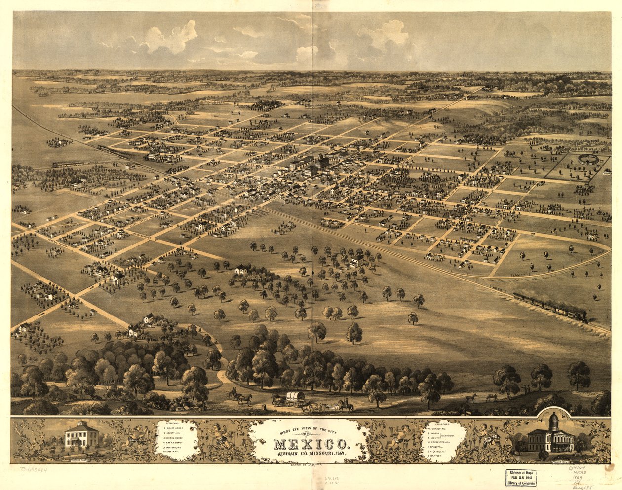 Pohled z ptačí perspektivy na město Mexico, Audrian Co., Missouri 1869. LOC 73693484 od A. Ruger