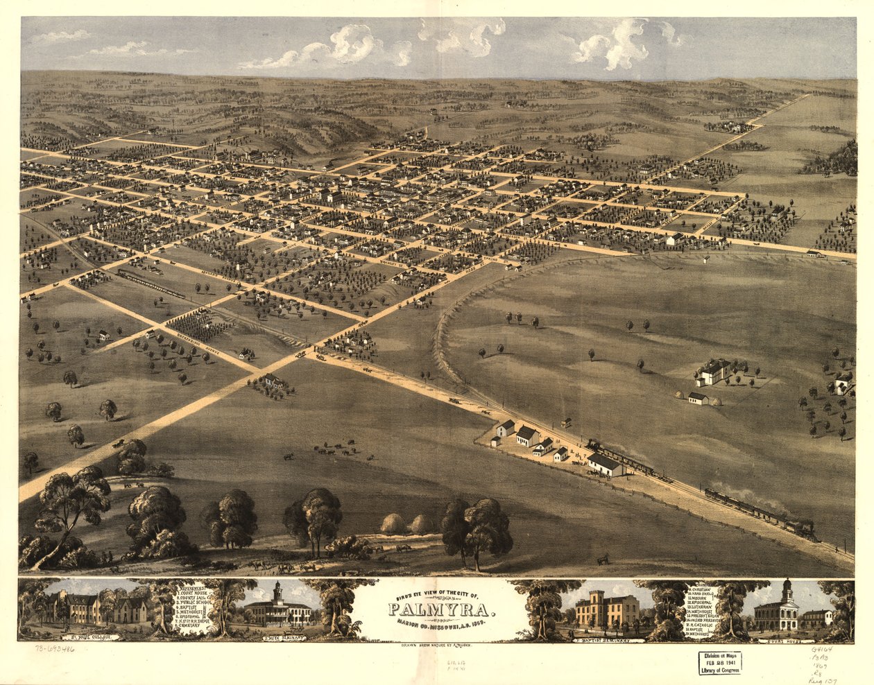 Pohled z ptačí perspektivy na město Palmyra, Marion Co., Missouri, 1869 n. l. LOC 73693486 od A. Ruger