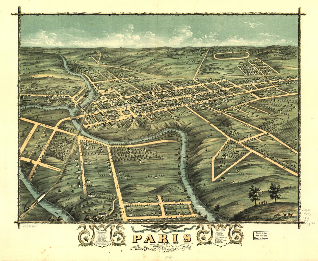 Pohled z ptačí perspektivy na město Paris, Bourbon County, Kentucky 1870. LOC 73693417 od A. Ruger