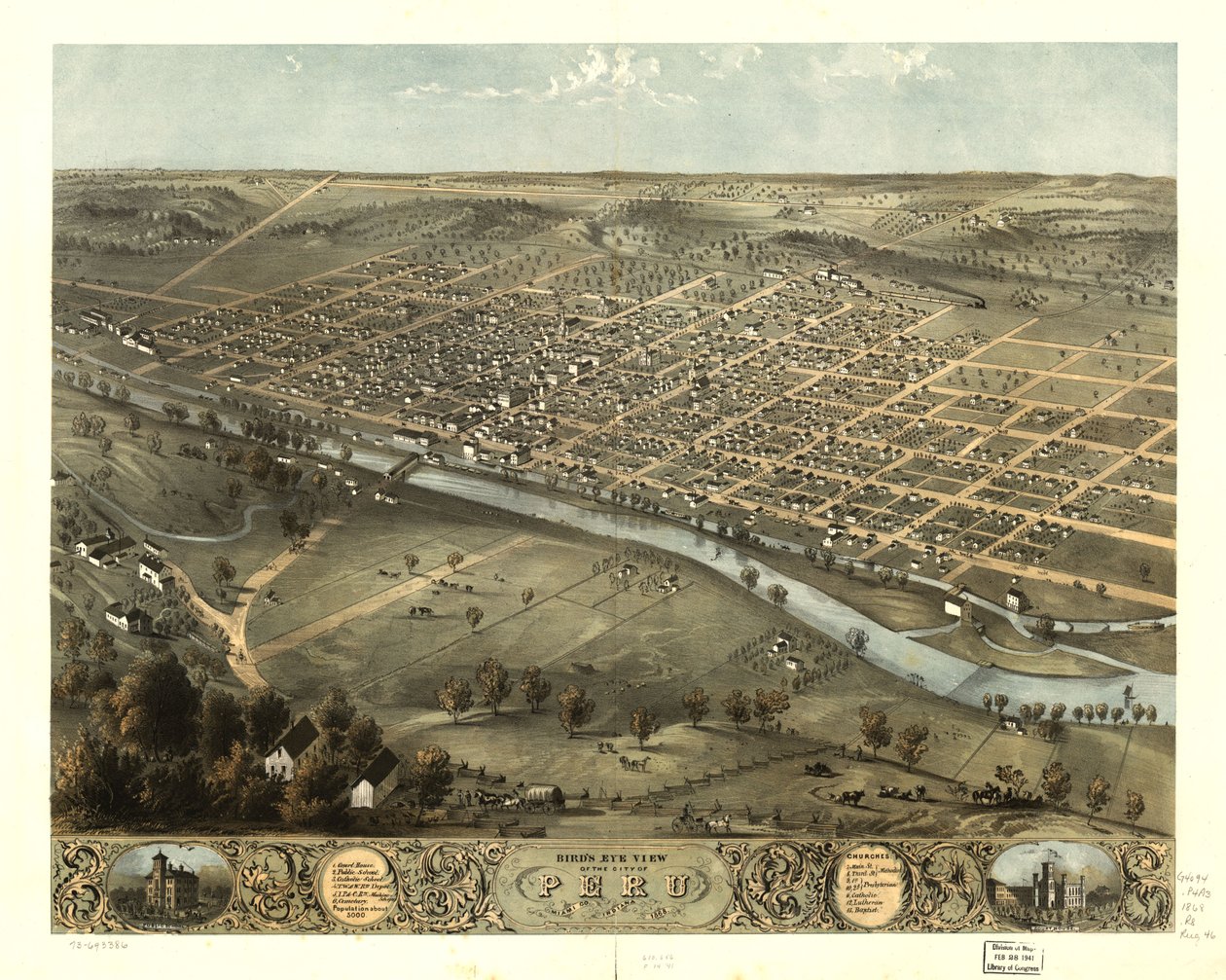 Pohled z ptačí perspektivy na město Peru, Miami Co., Indiana 1868. LOC 73693386 od A. Ruger