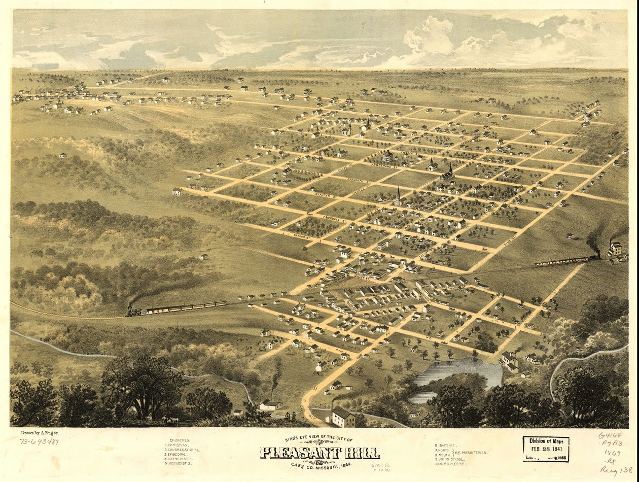 Pohled z ptačí perspektivy na město Pleasant Hill, Cass Co., Missouri 1869. LOC 73693487 od A. Ruger