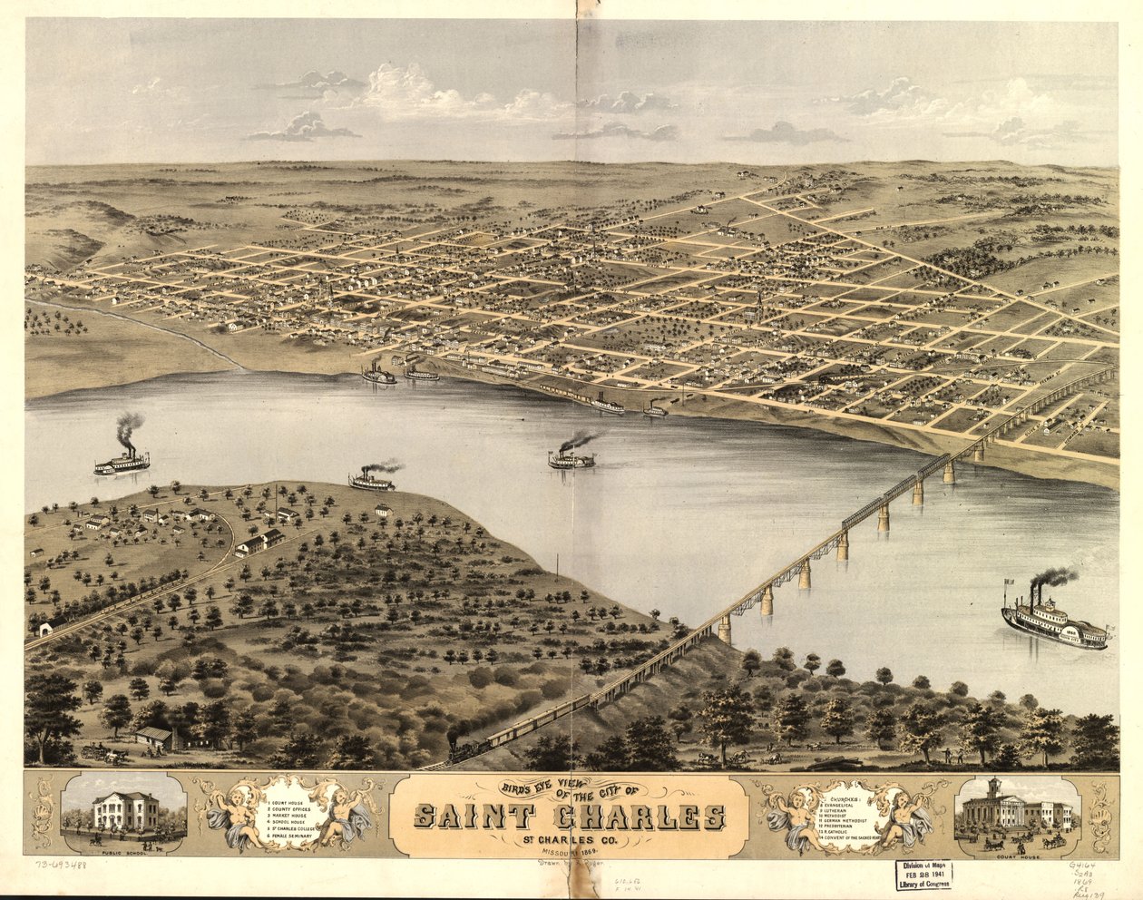 Pohled z ptačí perspektivy na město Saint Charles, St. Charles Co., Missouri 1869. LOC 73693488 od A. Ruger