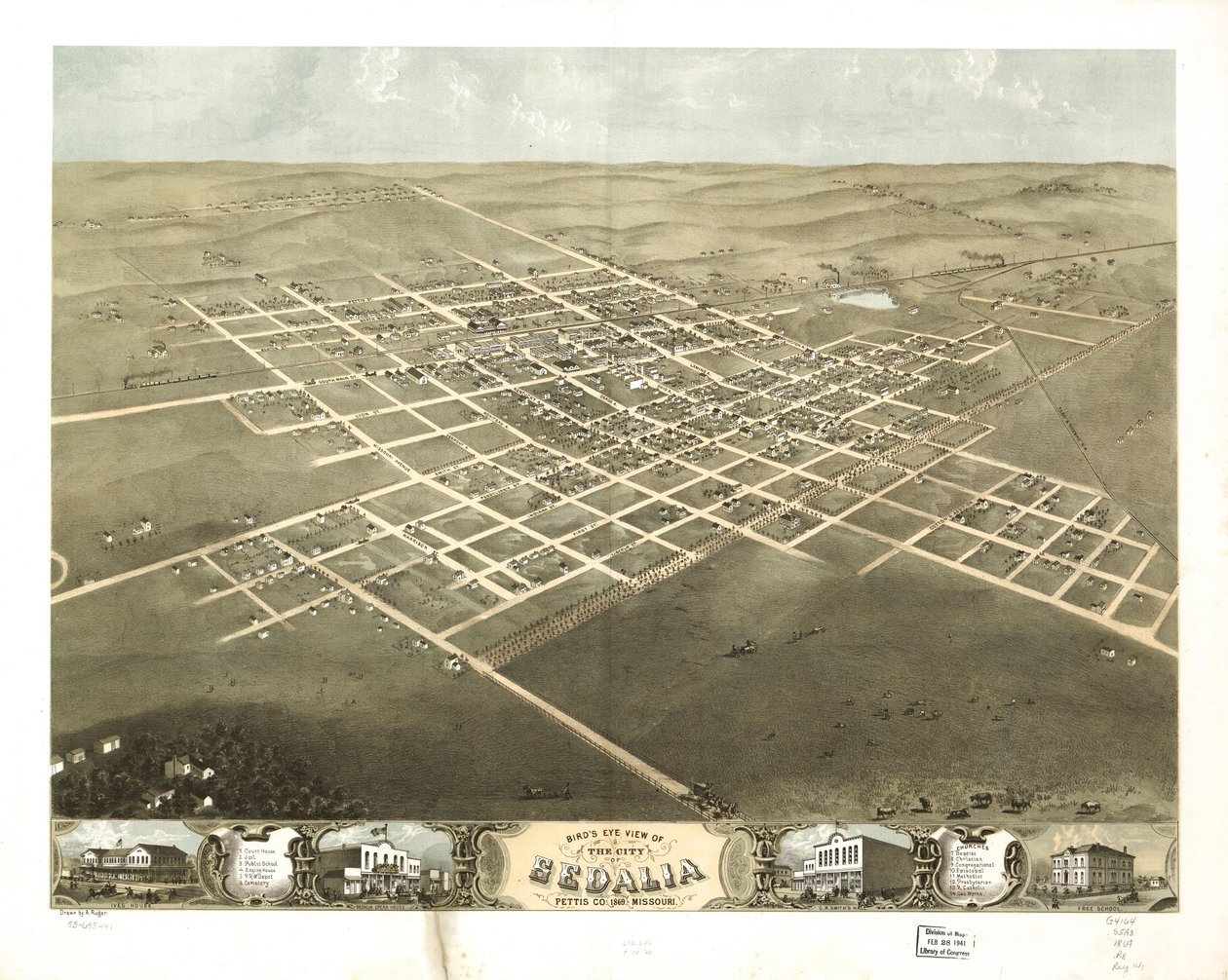Pohled z ptačí perspektivy na město Sedalia, Pettis Co., Missouri 1869. LOC 73693491 od A. Ruger