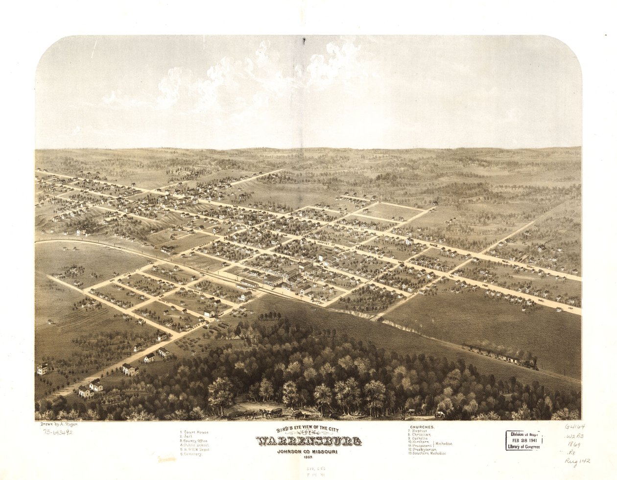 Pohled z ptačí perspektivy na město Warrensburg, Johnson Co., Missouri 1869. LOC 73693492 od A. Ruger