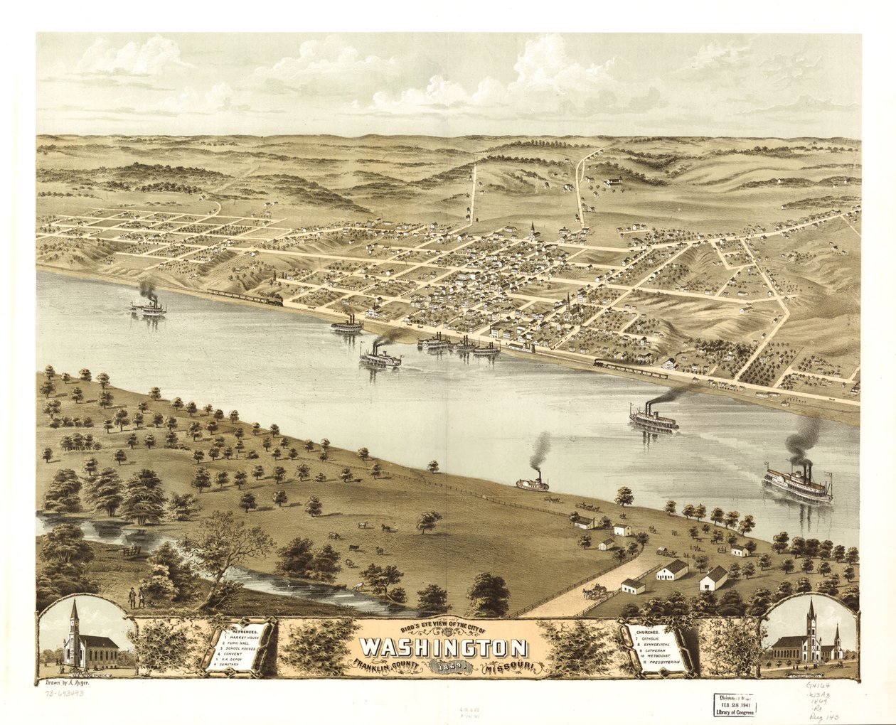 Pohled z ptačí perspektivy na město Washington, okres Franklin, Missouri 1869. LOC 73693493 od A. Ruger