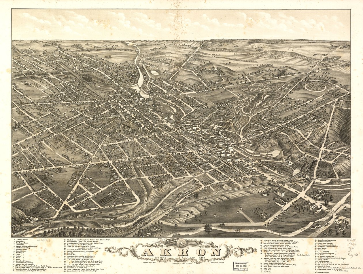 Panoramatický pohled na město Akron, Summit County, Ohio 1882 od A. Ruger Ruger