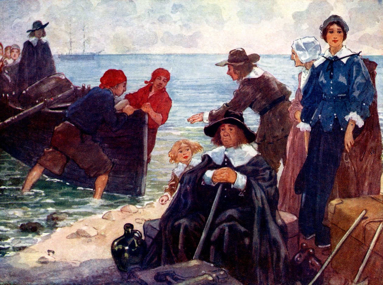 Skupina vyhnanců kotví svou kůru na divokém pobřeží Nové Anglie, 1620, 1905. od A. S. Forrest