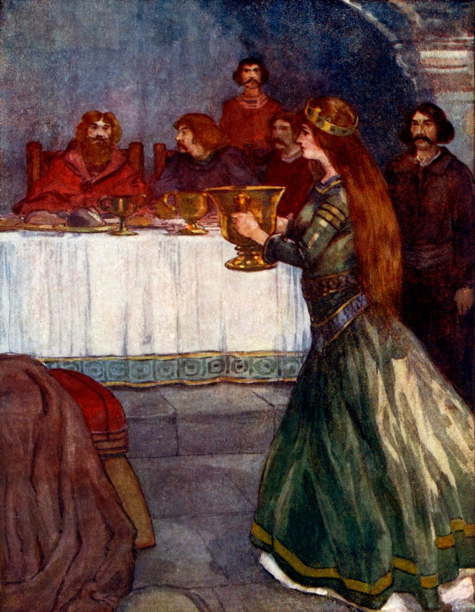 Rowena vešla do místnosti a nesla krásný zlatý pohár, c430 AD, 1905 od A. S. Forrest