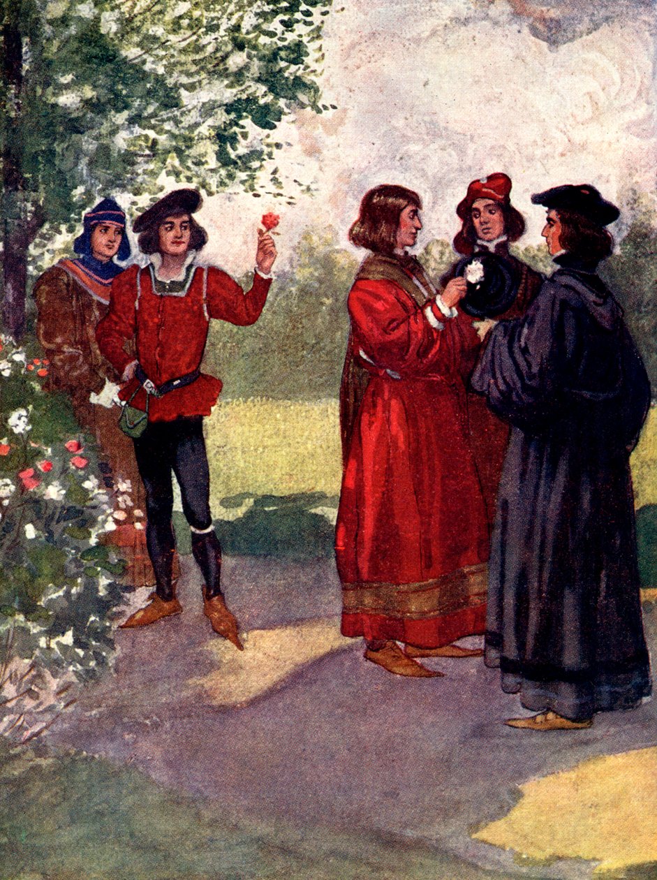 ...Šlechtici trhali červené nebo bílé růže a vkládali je do čepic, 15. století, 1905. od A. S. Forrest