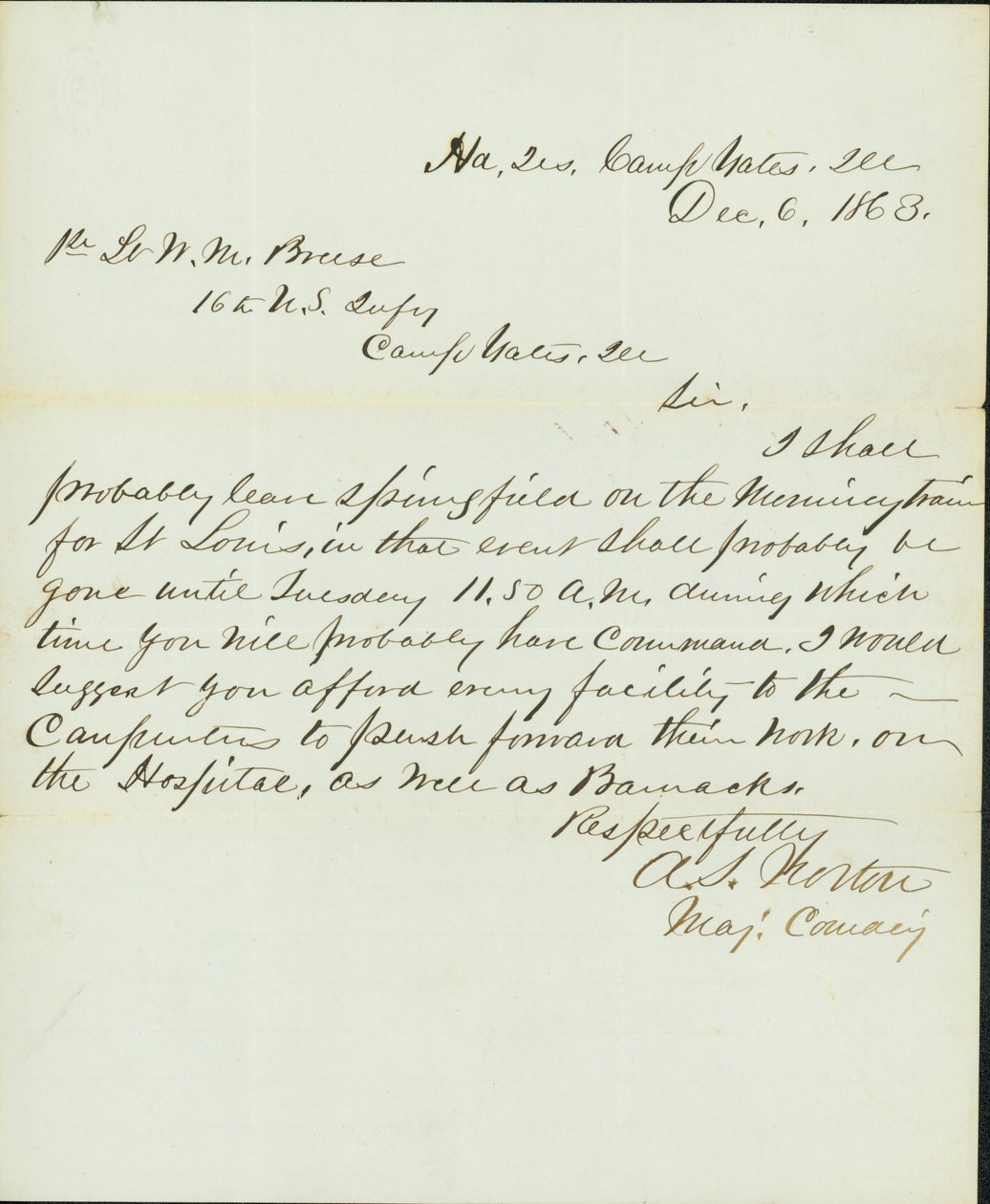 Dopis podepsaný A.S. Norton, velící velitel, velitelé, Camp Yates, Ill., Na 1. poručíka W.M. Breese, 16. americká pěchota, Camp Gates, Ill., 6. prosince 1863 od A. S. Norton