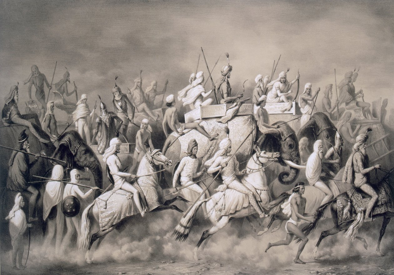Chir Singh, maharadžah ze Sikhů a král Paňdžábu se svou družinou na lovu poblíž Láhauru, 1859 od A. Soltykoff