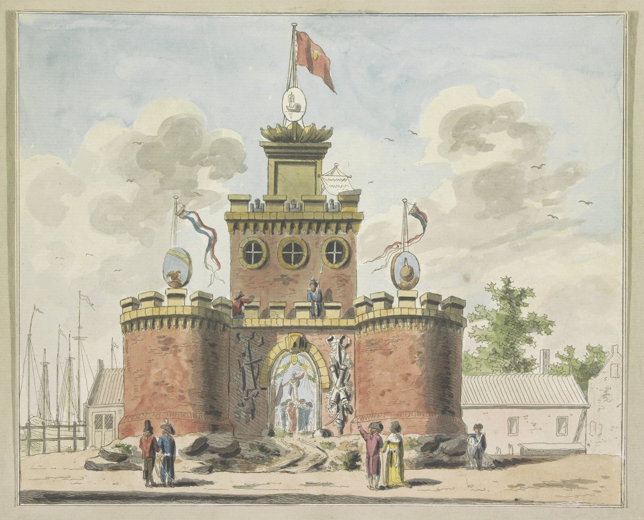 General Arms, dekorace na Kadijksplein, 1795 Deset desek dekorací na Alliantiefeest v Amsterdamu v roce 1795 (název série) od A. Verkerk