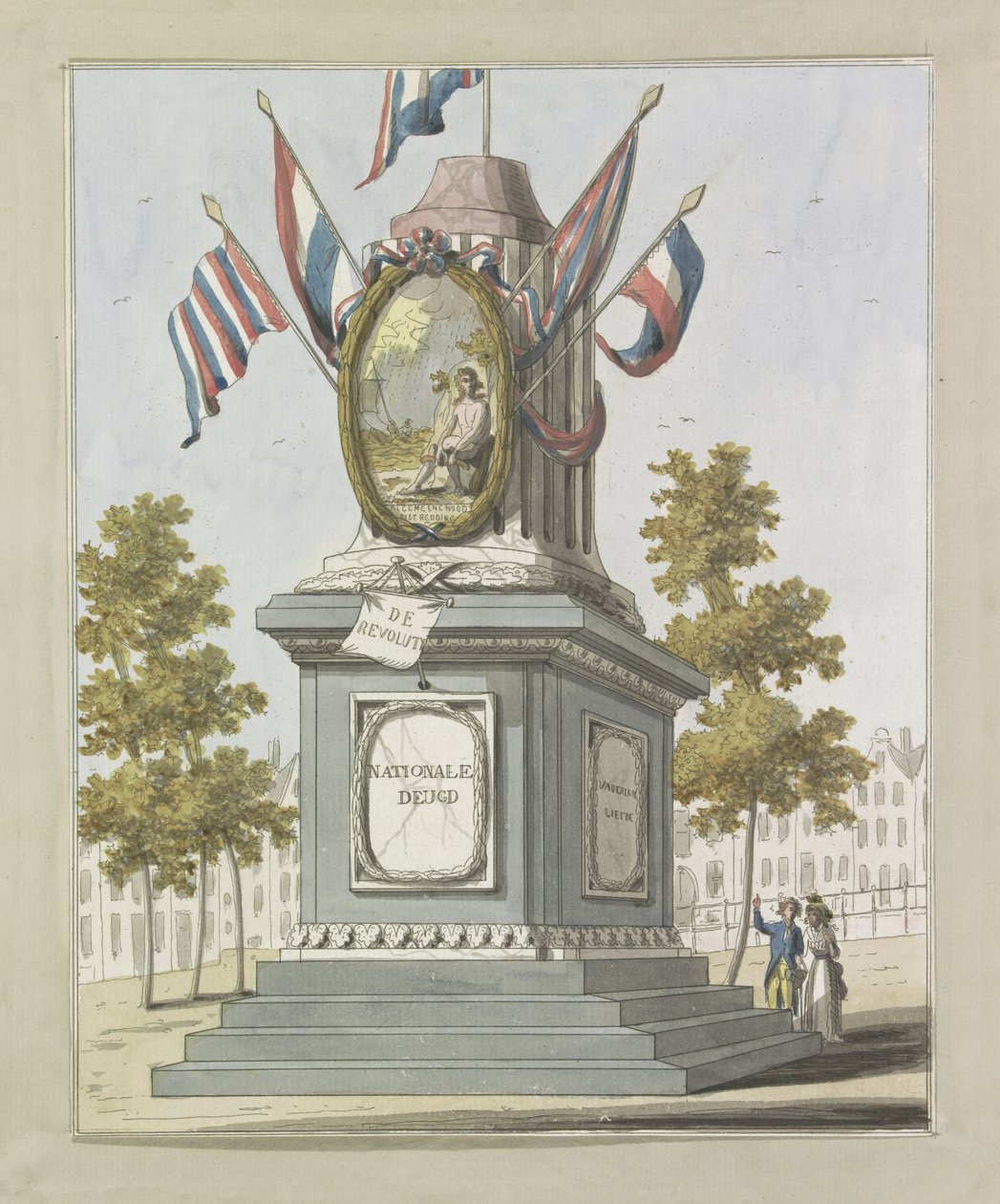 Revoluce, dekorace na Place Royale, 1795 Deset desek dekorací na Alliantiefeest v Amsterdamu v roce 1795 (název série) od A. Verkerk