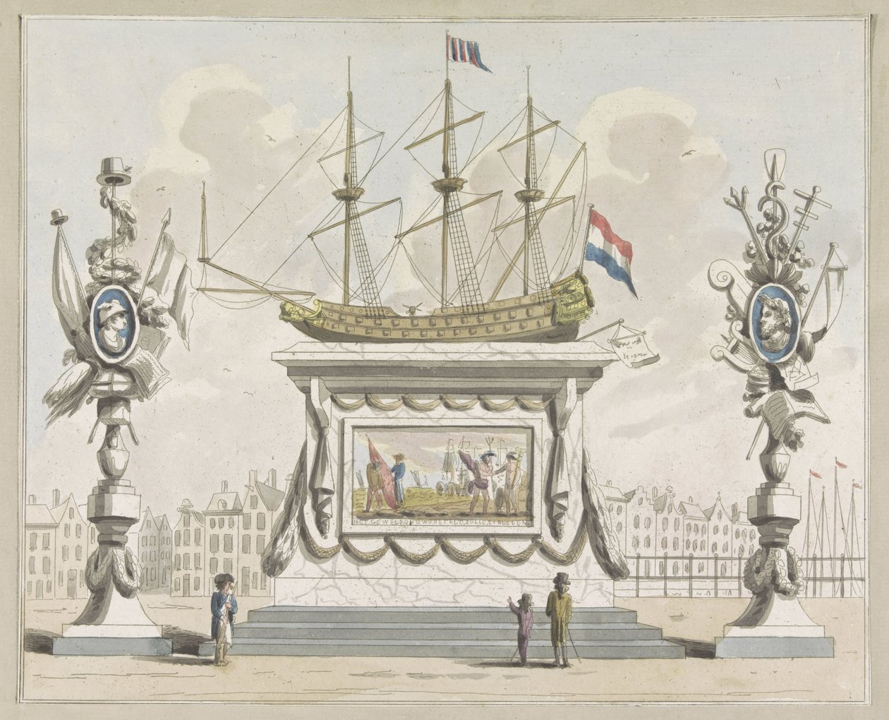 Obchod a doprava, dekorace na Nieuwmarkt, 1795 Deset desek dekorací na Alliantiefeest v Amsterdamu v roce 1795 (název série) od A. Verkerk