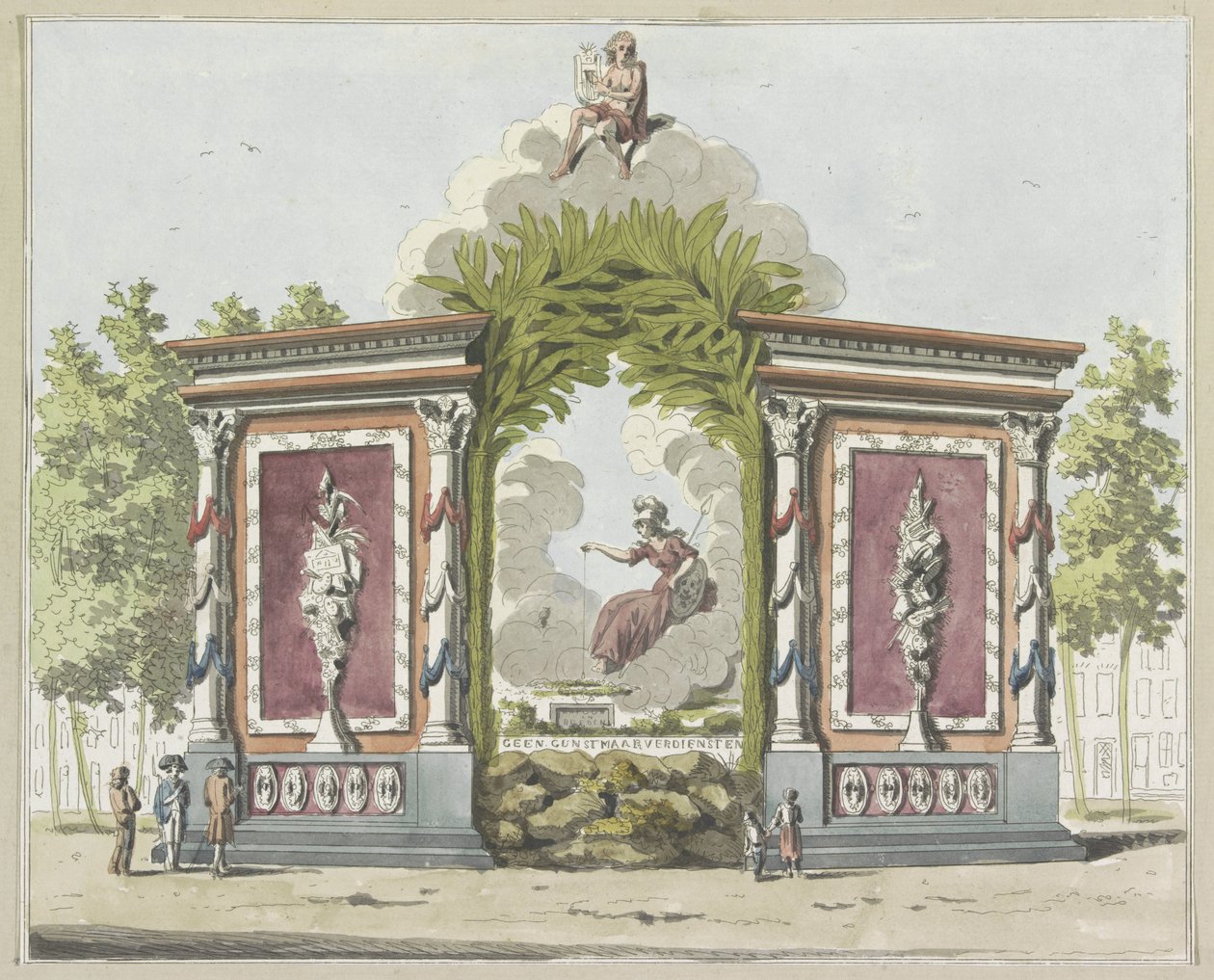 Umění a vědy, dekorace na Noordermarkt, 1795 Deset desek dekorací na Alliantiefeest v Amsterdamu v roce 1795 (název série) od A. Verkerk