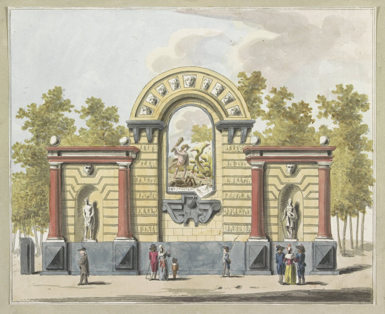 Zničení aristokracie, dekorace na Westermarkt, 1795 Deset desek dekorací na Alliantiefeest v Amsterdamu v roce 1795 (název série) od A. Verkerk
