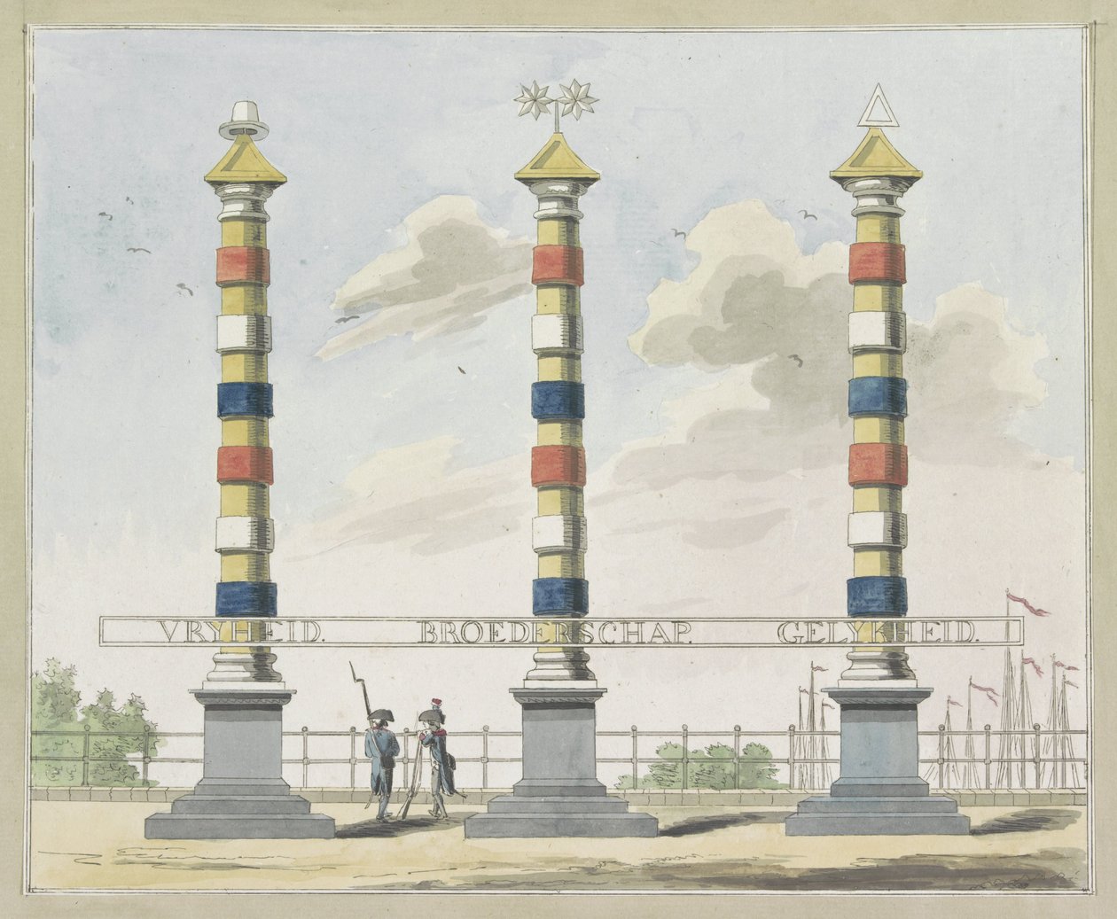 Svoboda, bratrství a rovnost, dekorace na Hogesluis, 1795 Deset desek dekorací na Alliantiefeest v Amsterdamu v roce 1795 od A. Verkerk