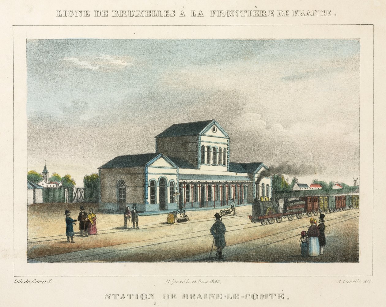 Stanice Braine-le-Comte, Belgie, vyryto Gerardem, 1843 od A. after Canelle