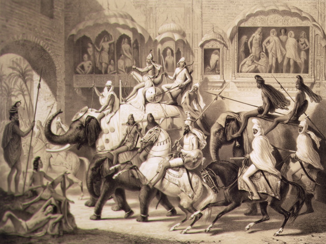 Ulice v Lahore, z Voyage v Indii, vyrytý Louis Henri de Rudder (1807-81) 1842 (tónované litho) od A. after Soltykoff