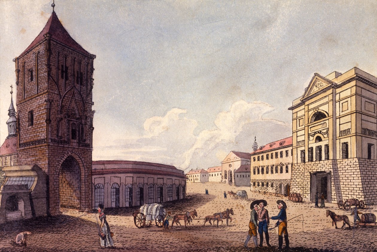 Prašná brána a Hybernská celnice, Praha, kolem 1810 (barevný lept) od A. and Berka, Johann Gustav
