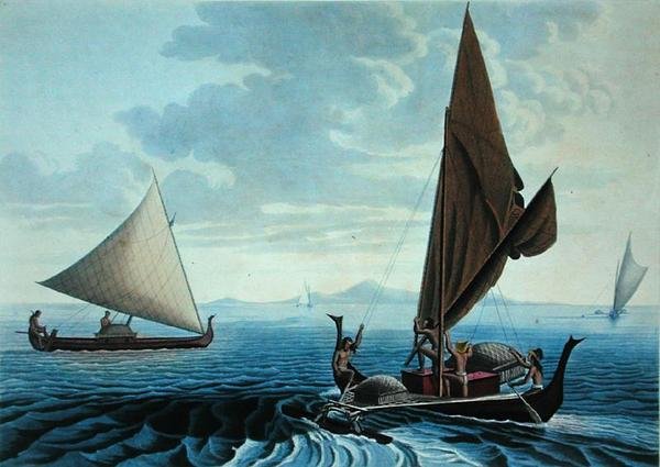Pohled na ostrov Tinian: Vydlabané kánoe z Caroline Islands, z „Voyage Autour du Monde sur les Corvettes de L