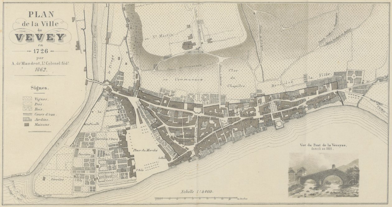 Mapa města Vevey v roce 1726 od A. de Mandrot