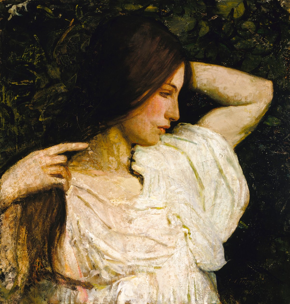 Dívka si upravuje vlasy od Abbott Handerson Thayer