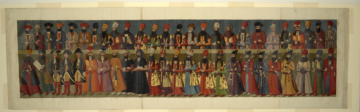 Nebo. 1242 Kopie Velké nástěnné malby v paláci Nigaristánu. The Court of Fath Ali Shah s britskými vyslanci Sir John Malcolm, Sir Harford Jones Brydges a Sir Gore Ouseley od Abdallah (after) Khan