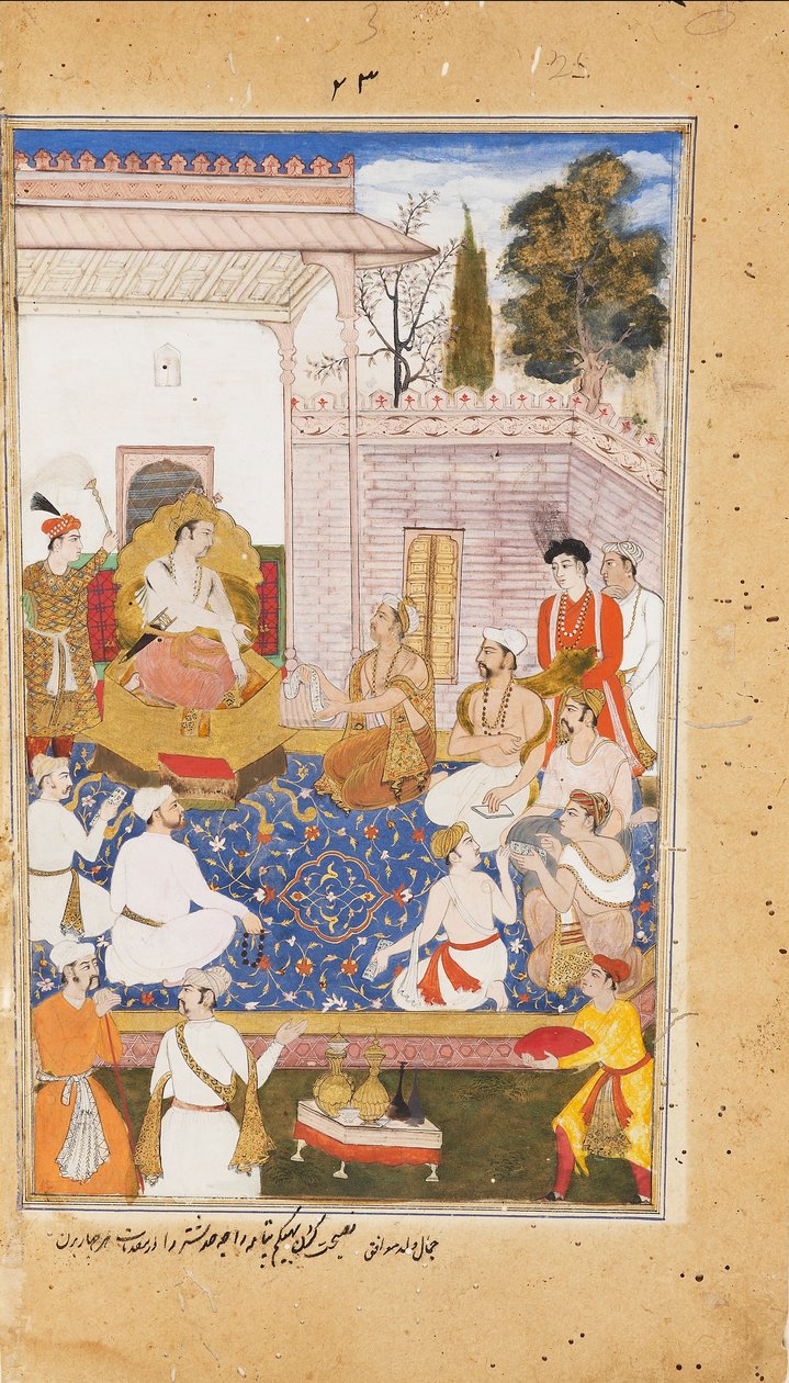 Bhishma radí Yudhishthirovi o povaze čtyř varn neboli kast, 1598 od Abdul Rahim Khan I Khana