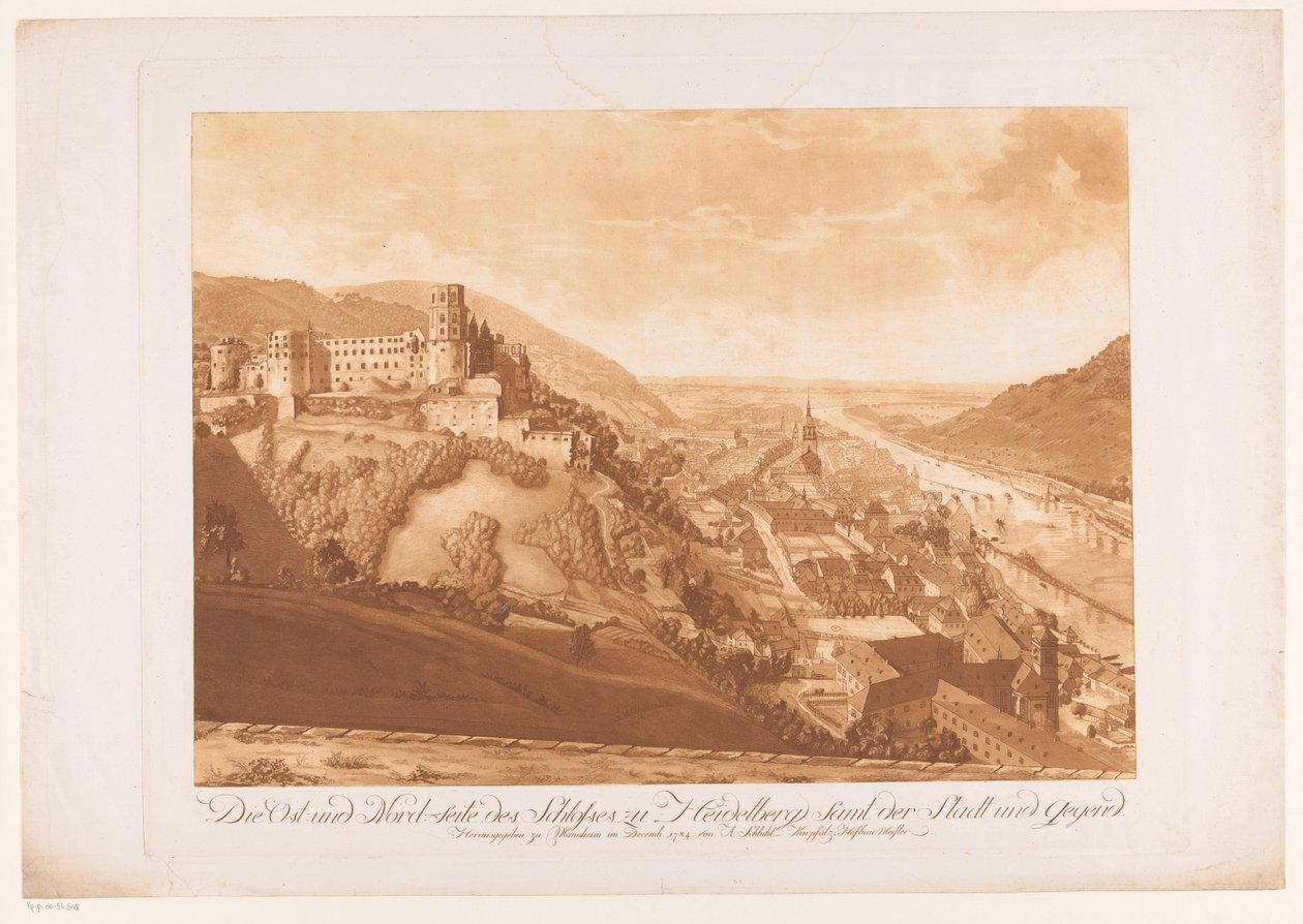 Pohled ze severu na Heidelberg s hradem Heidelberg vlevo Východní a severní strana hradu Heidelberg, včetně města a oblasti (název na objektu) od Abel Schlicht