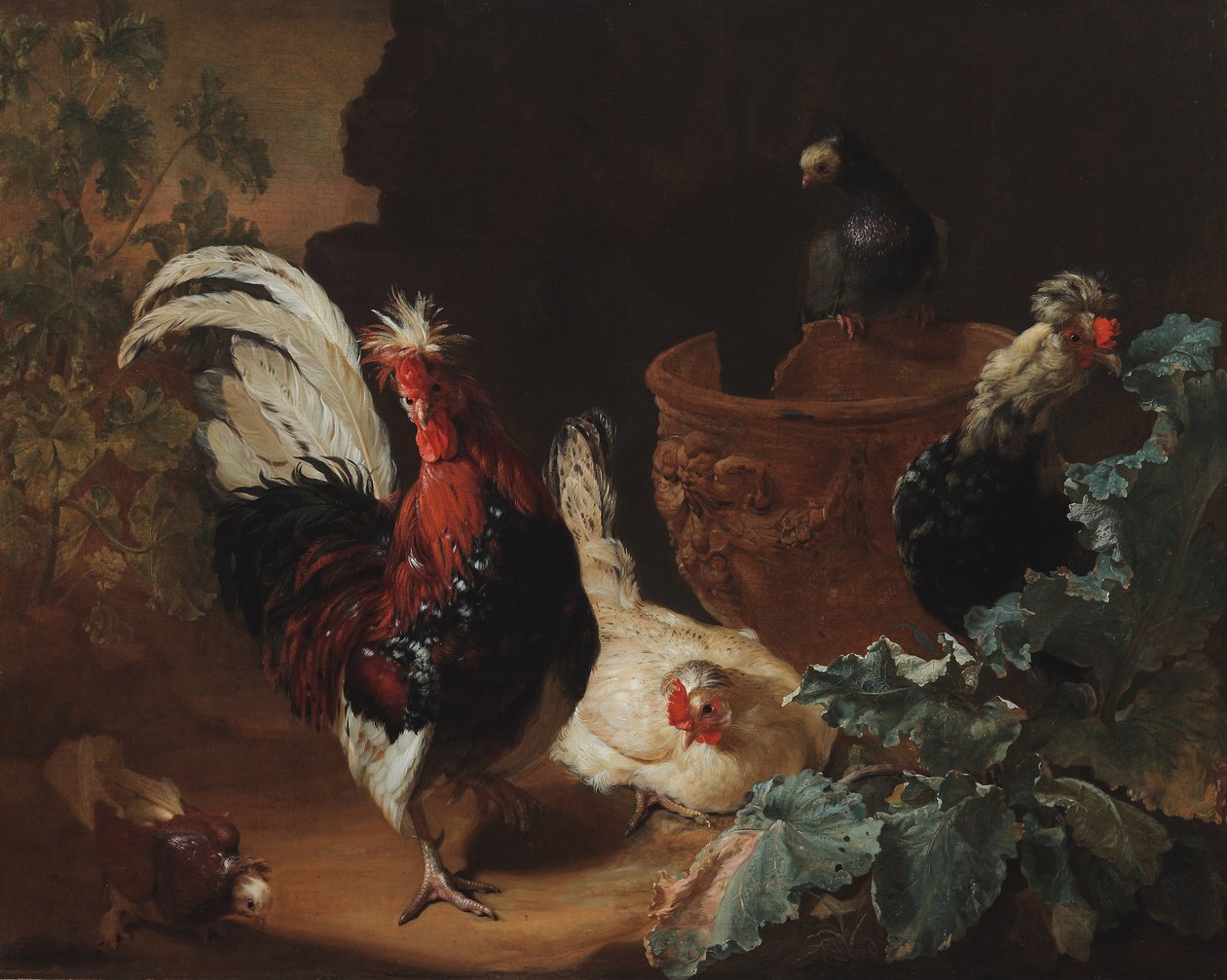 Kohout, dvě kuřata a dva holubi u starožitné štípané terakotové vázy v krajině, 1695 od Abraham Bisschop
