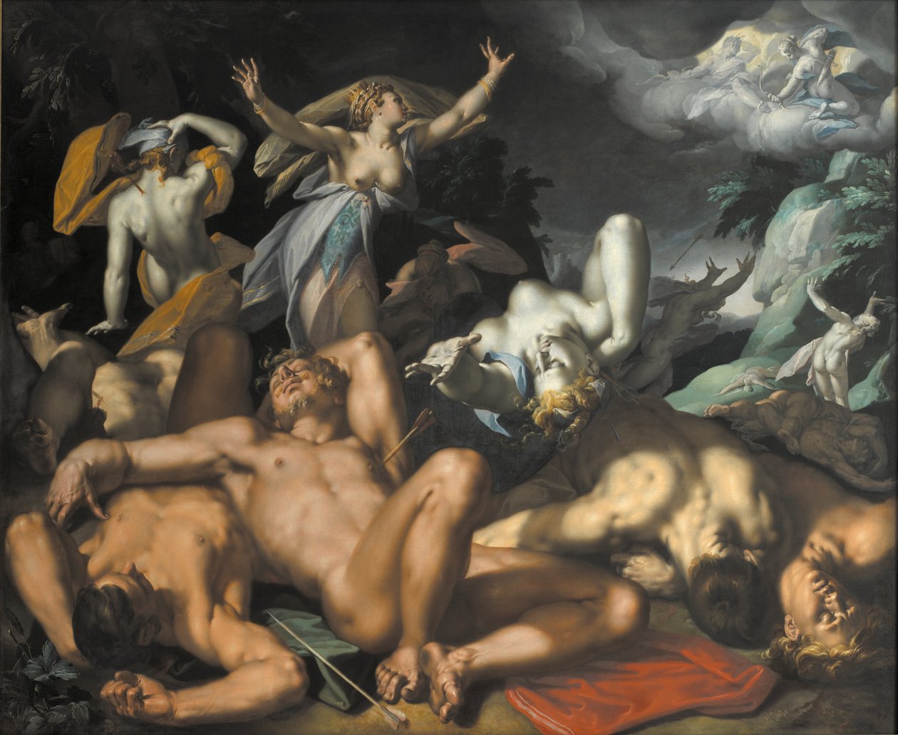 Apollo a Diana potrestají Niobe zabitím jejích dětí od Abraham Bloemaert