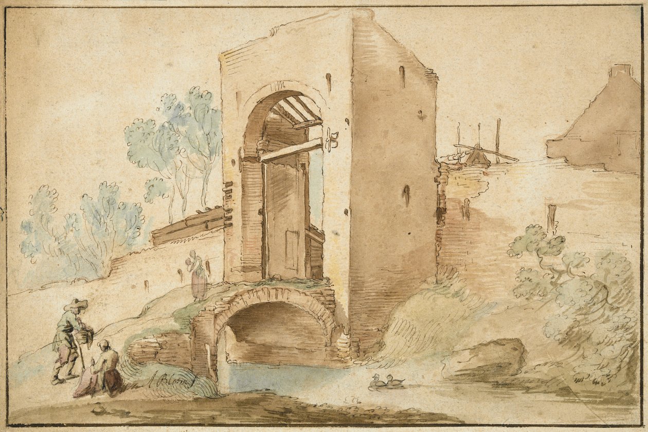 Brána do města, c. 1630 (pero a hnědý inkoust zvýšený pomocí wc na položený papír) od Abraham Bloemaert