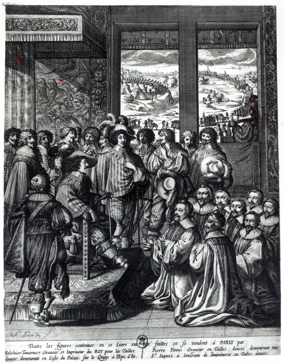 Ludvík XIII (1601-43) se vrací z obléhání La Rochelle, blahopřeje mu Prevot des Marchands. od Abraham Bosse
